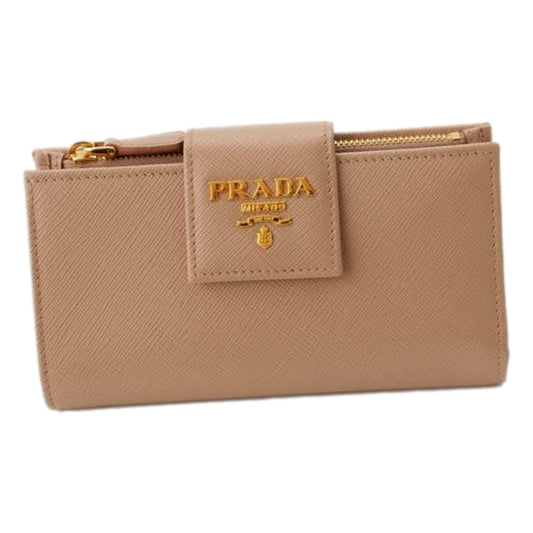 Saffiano Leather Long Zipper Tri-Fold Wallet Cipria Beige Gold Logo