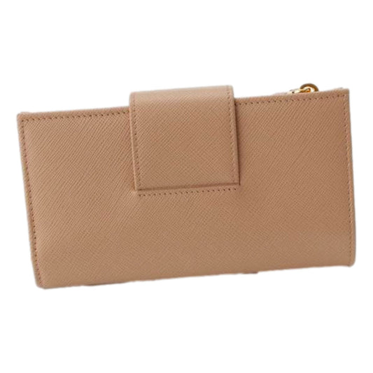 Saffiano Leather Long Zipper Tri-Fold Wallet Cipria Beige Gold Logo