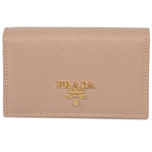 Saffiano Leather Credit Card Holder Wallet Cammeo Beige Gold Logo