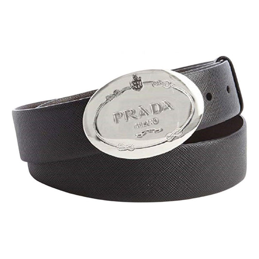 Black Saffiano Leather Engraved Oval Plaque Buckle Belt 110/44