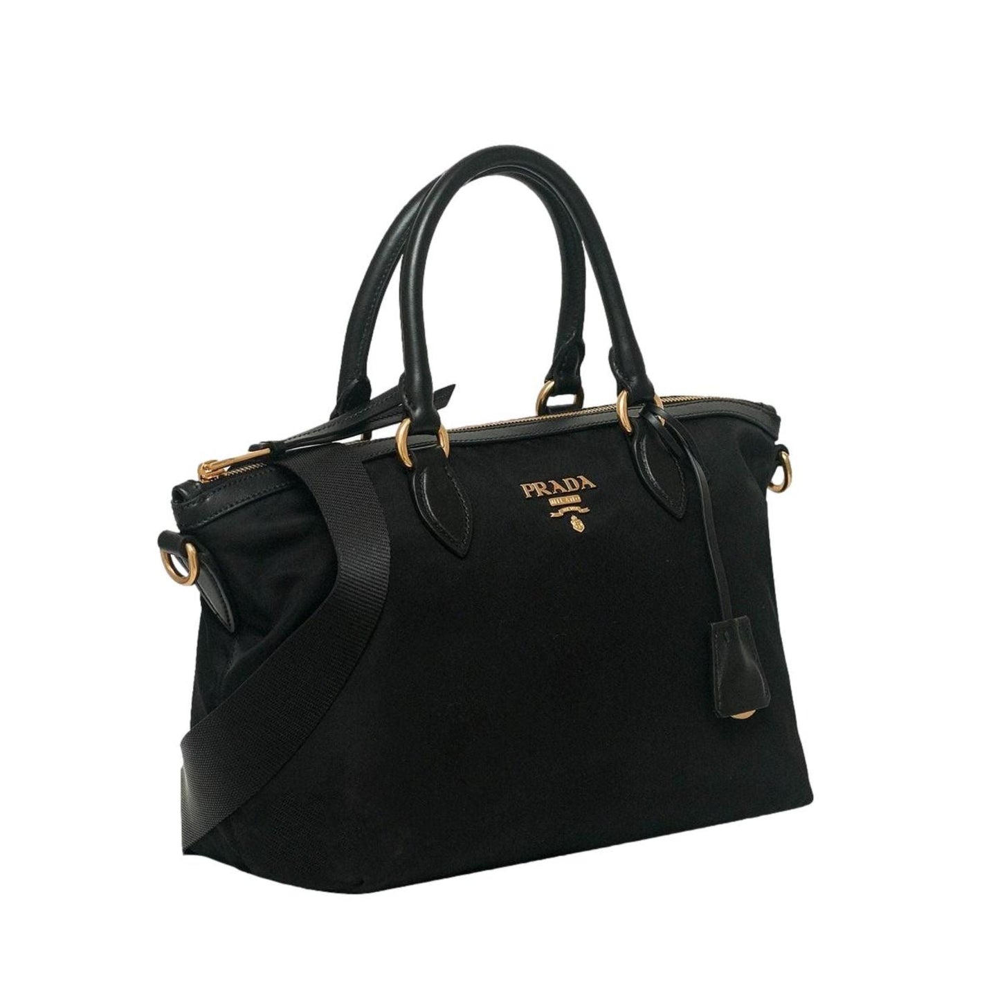 Tessuto Nylon Black Leather Clochette Crossbody Tote Bag