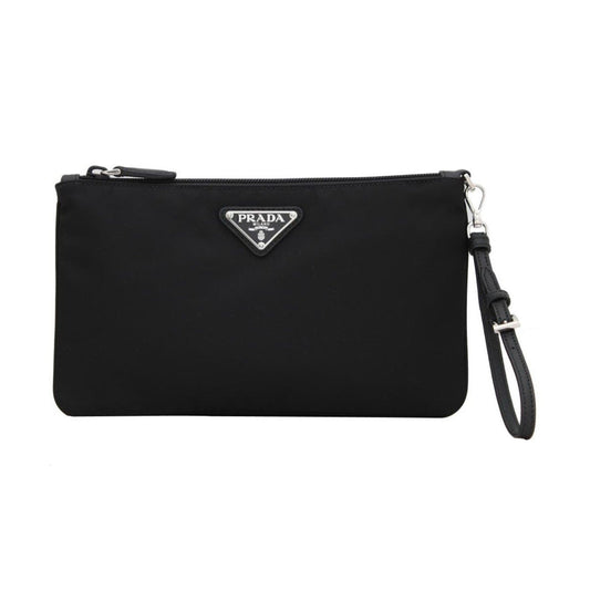 Black Tessuto Nylon Pouch Logo Wristlet Clutch Bag