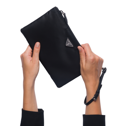 Black Tessuto Nylon Pouch Logo Wristlet Clutch Bag