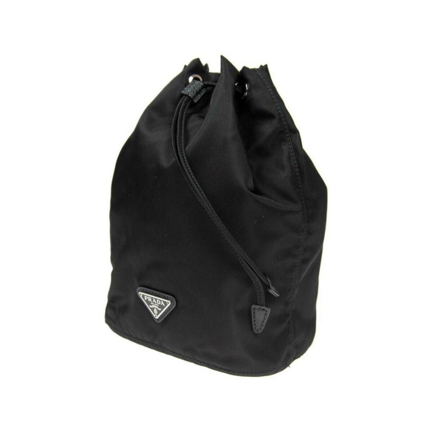 Black Tessuto Nylon Triangle Logo Drawstring Bucket Bag