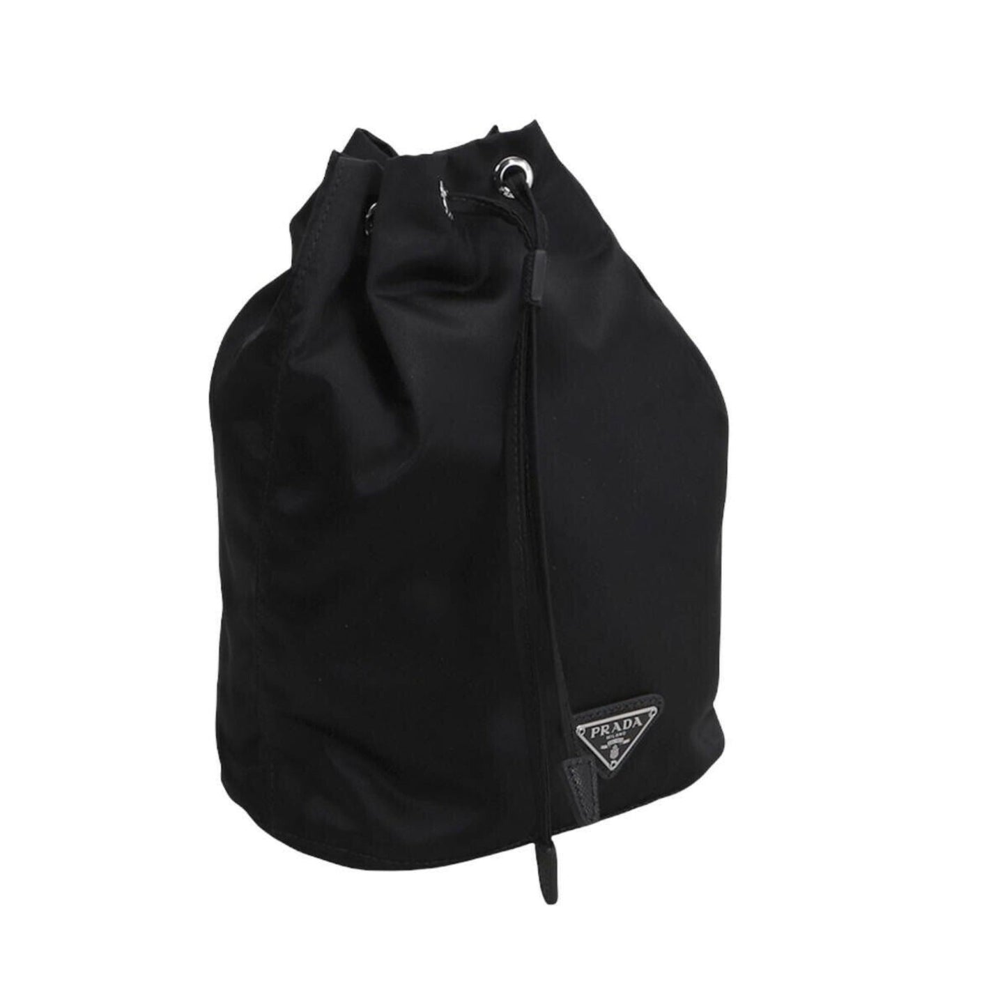 Black Tessuto Nylon Triangle Logo Drawstring Bucket Bag