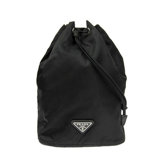 Black Tessuto Nylon Triangle Logo Drawstring Bucket Bag