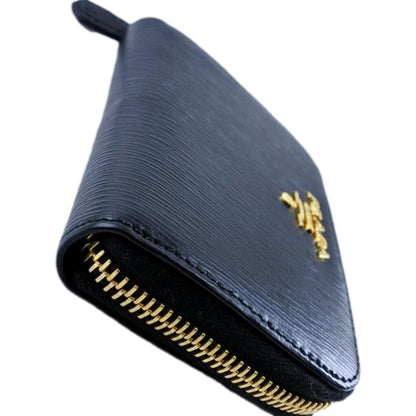 Black Vitello Leather Gold Zip Coin Purse Wallet