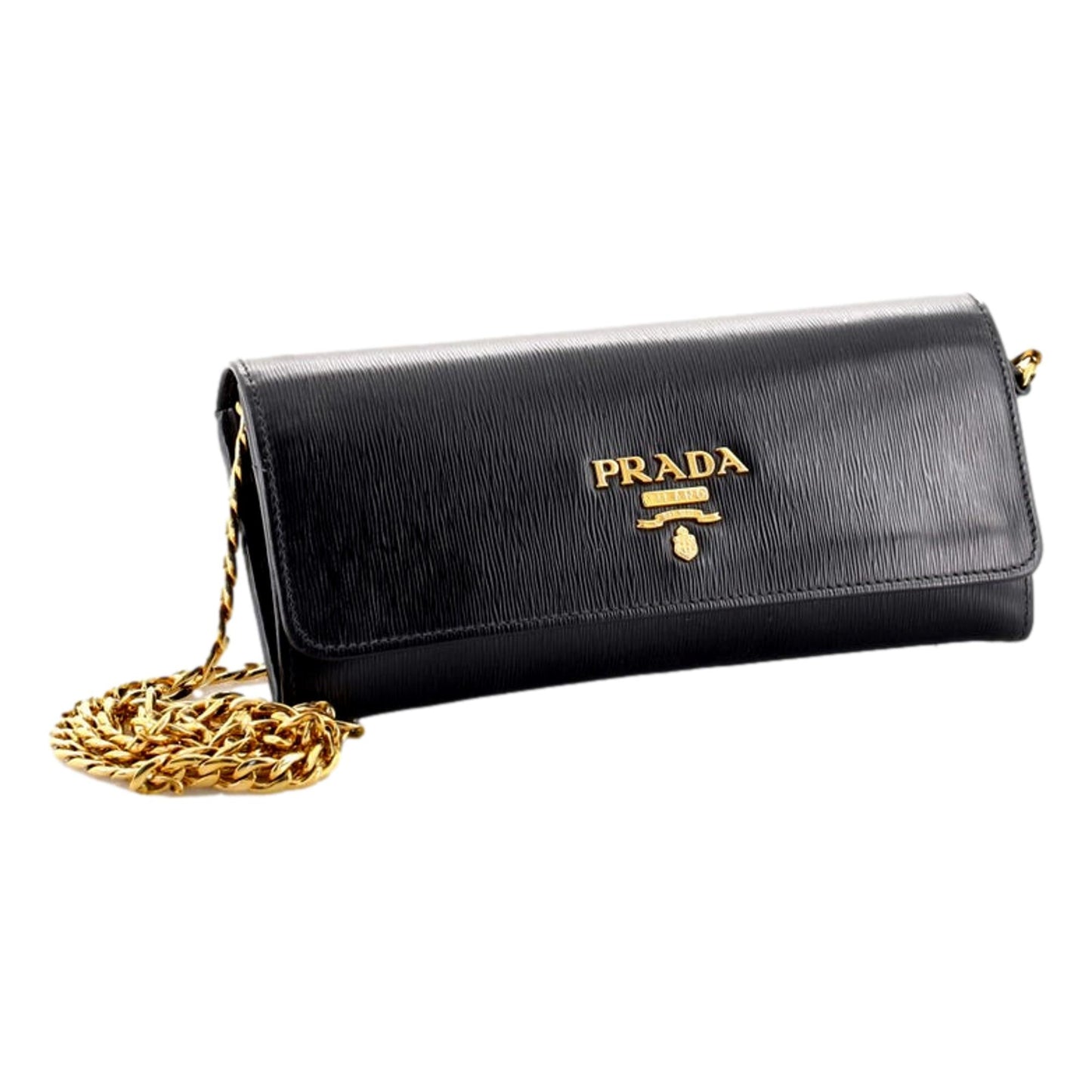 Black Vitello Move Leather Chain Crossbody Wallet Clutch