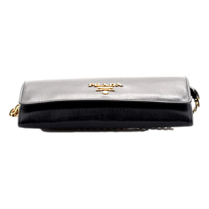 Black Vitello Move Leather Chain Crossbody Wallet Clutch