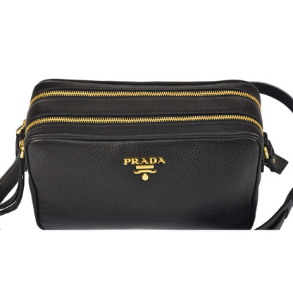 Black Vitello Phenix Leather Double Zip Cross Body Bag