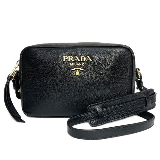 Vitello Phenix Black Leather Gold Logo Camera Crossbody Bag