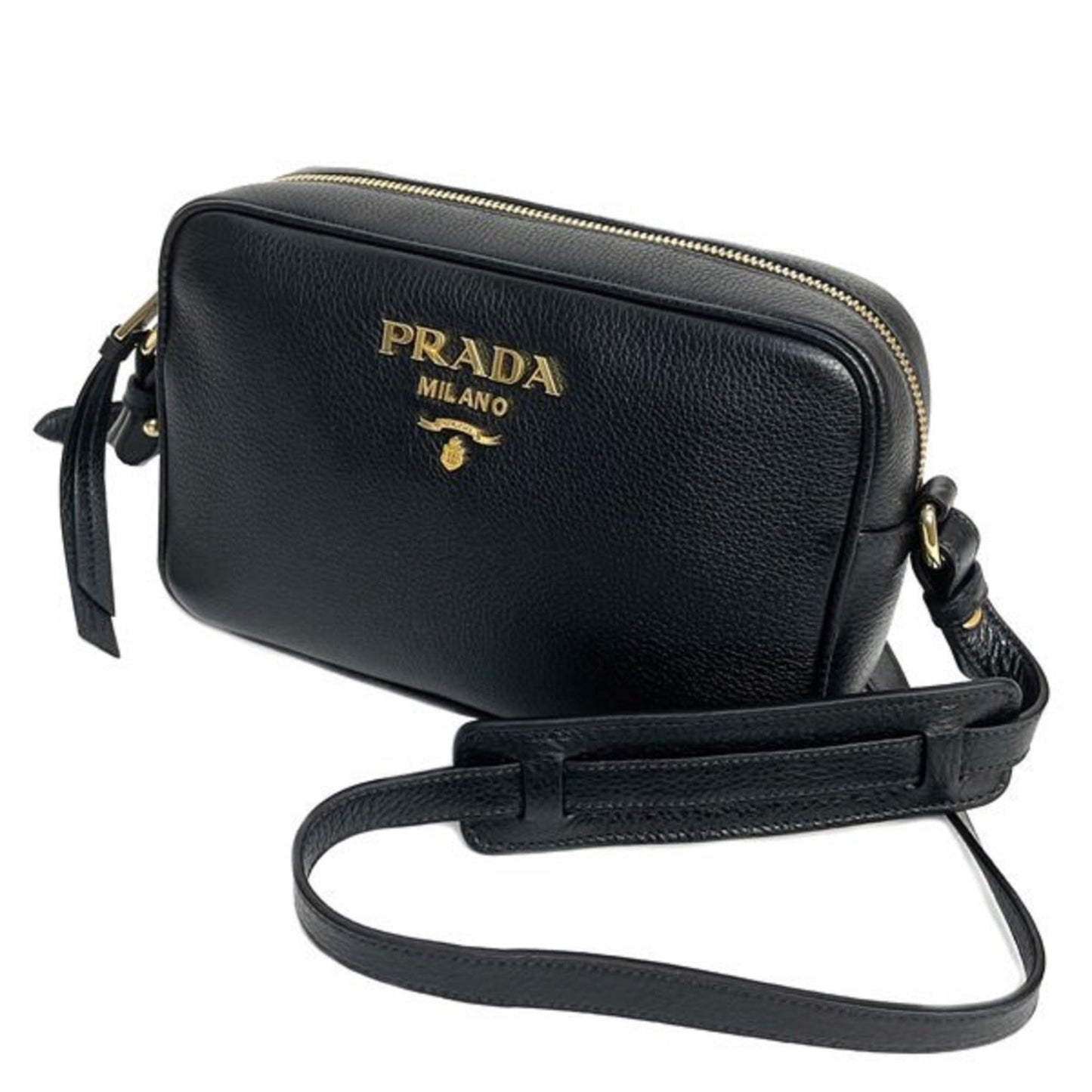 Vitello Phenix Black Leather Gold Logo Camera Crossbody Bag