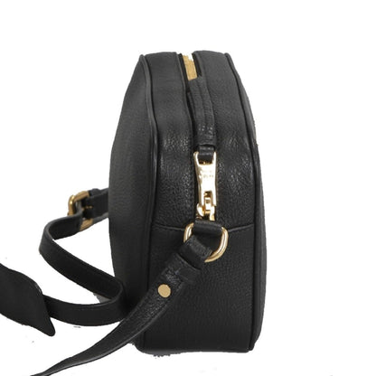 Vitello Phenix Black Leather Gold Logo Camera Crossbody Bag