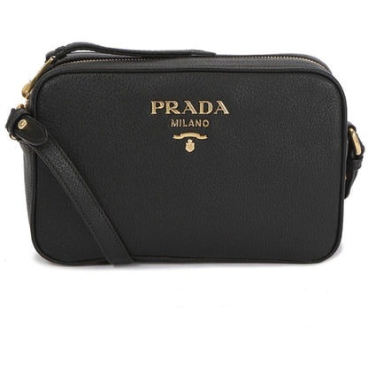 Vitello Phenix Black Leather Gold Logo Camera Crossbody Bag