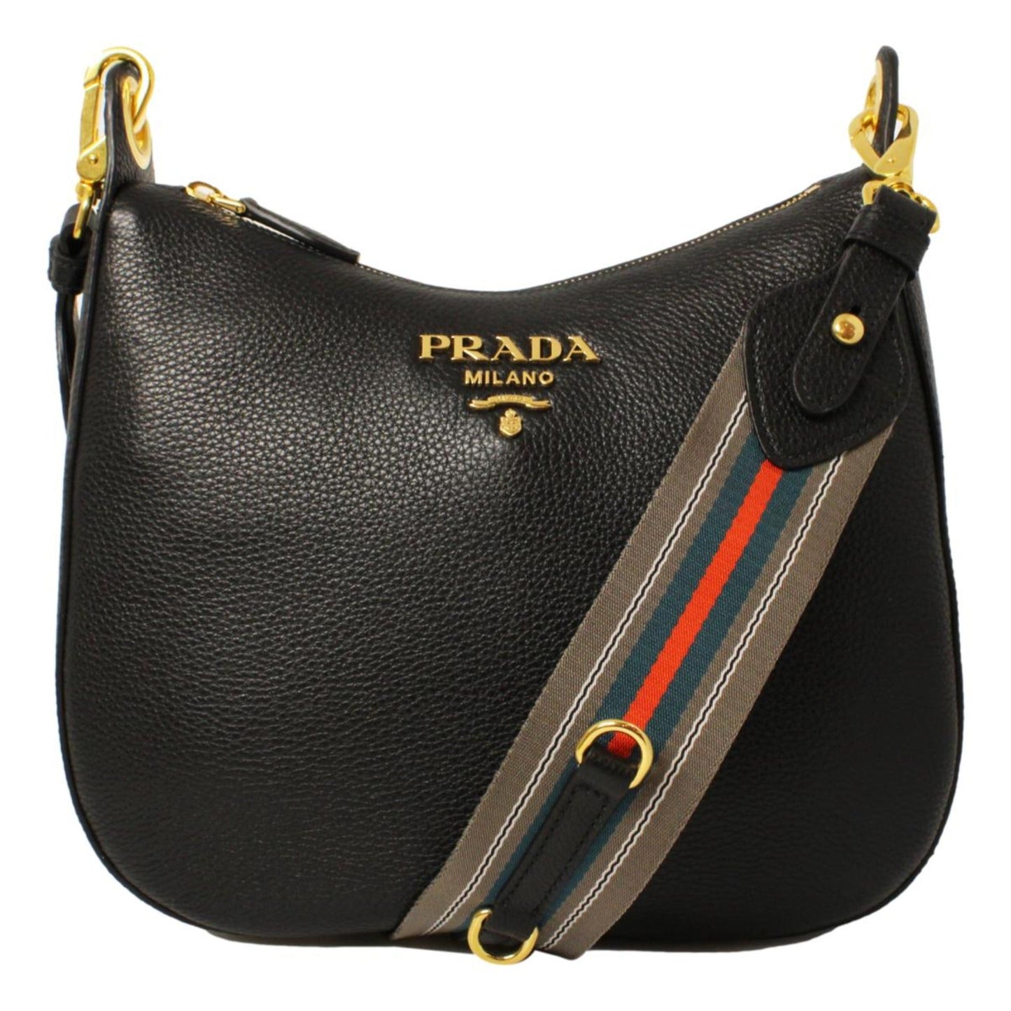 Black Vitello Phenix Leather Web Stripe Strap Crossbody