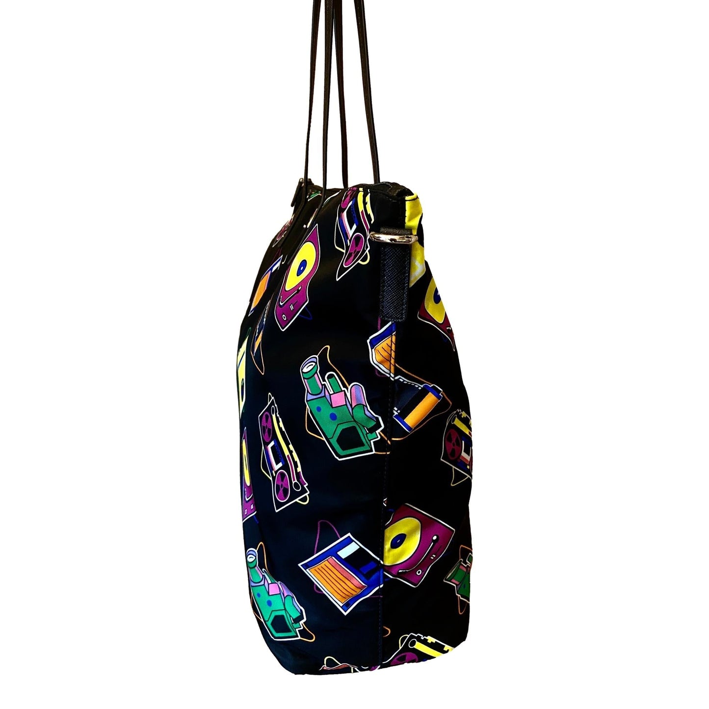 Cassette Print Black Nylon Convertible Shopping Tote Handbag