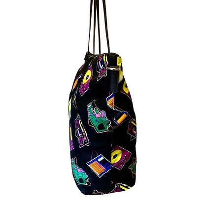 Cassette Print Black Nylon Convertible Shopping Tote Handbag