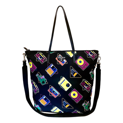 Cassette Print Black Nylon Convertible Shopping Tote Handbag