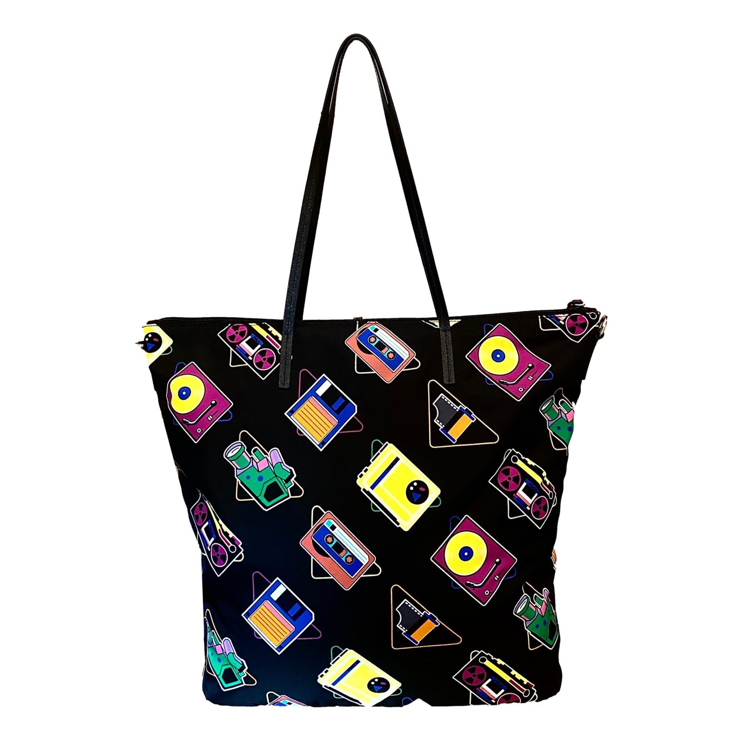 Cassette Print Black Nylon Convertible Shopping Tote Handbag