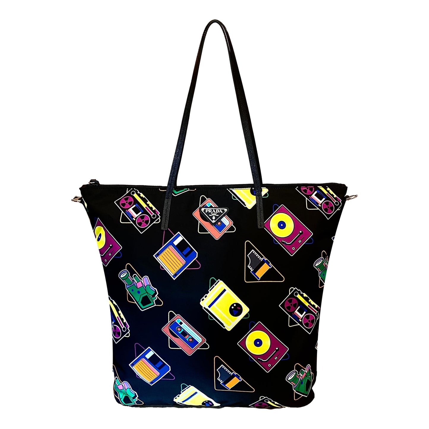 Cassette Print Black Nylon Convertible Shopping Tote Handbag