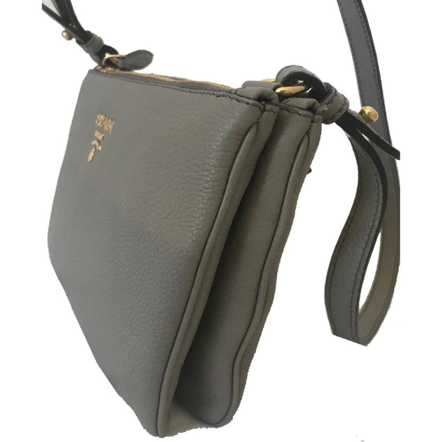 Vitello Phenix Argilla Gray Leather Logo Plaque Crossbody Bag