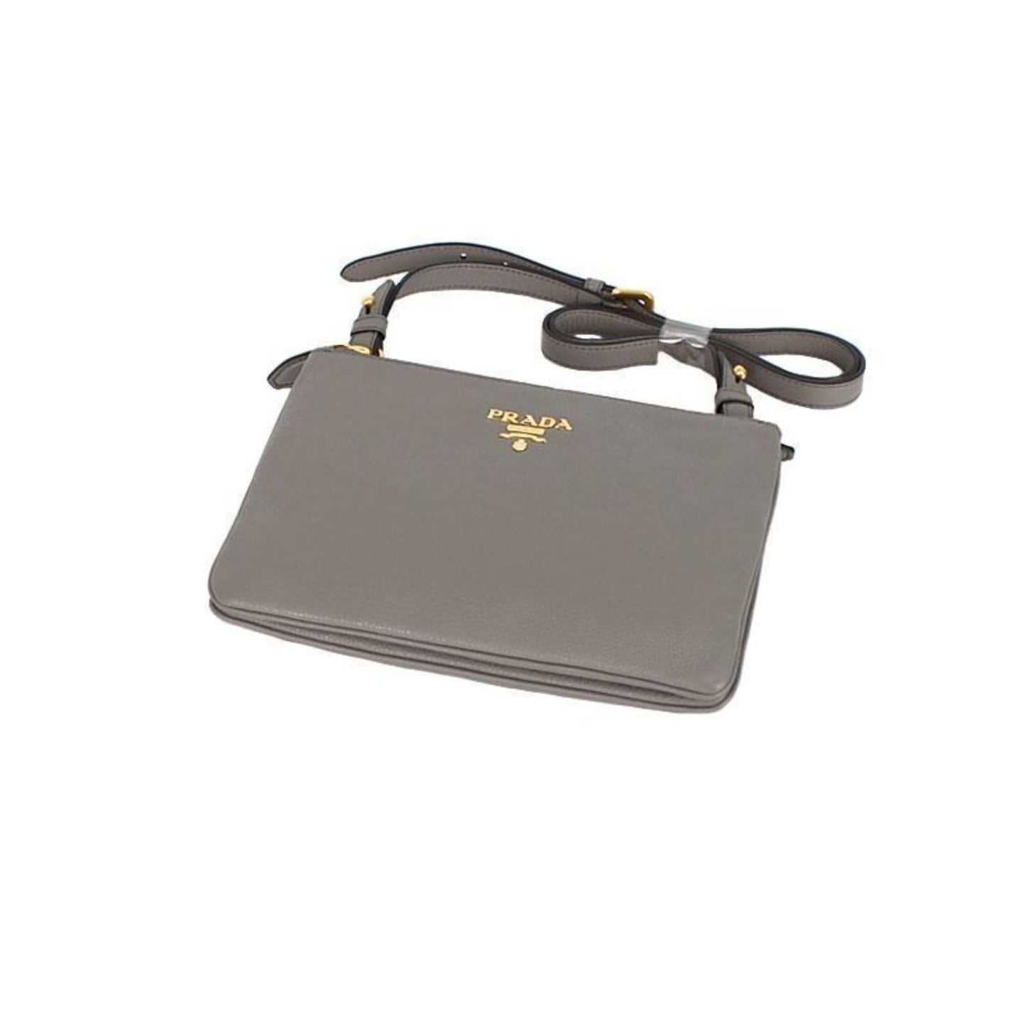 Vitello Phenix Argilla Gray Leather Logo Plaque Crossbody Bag