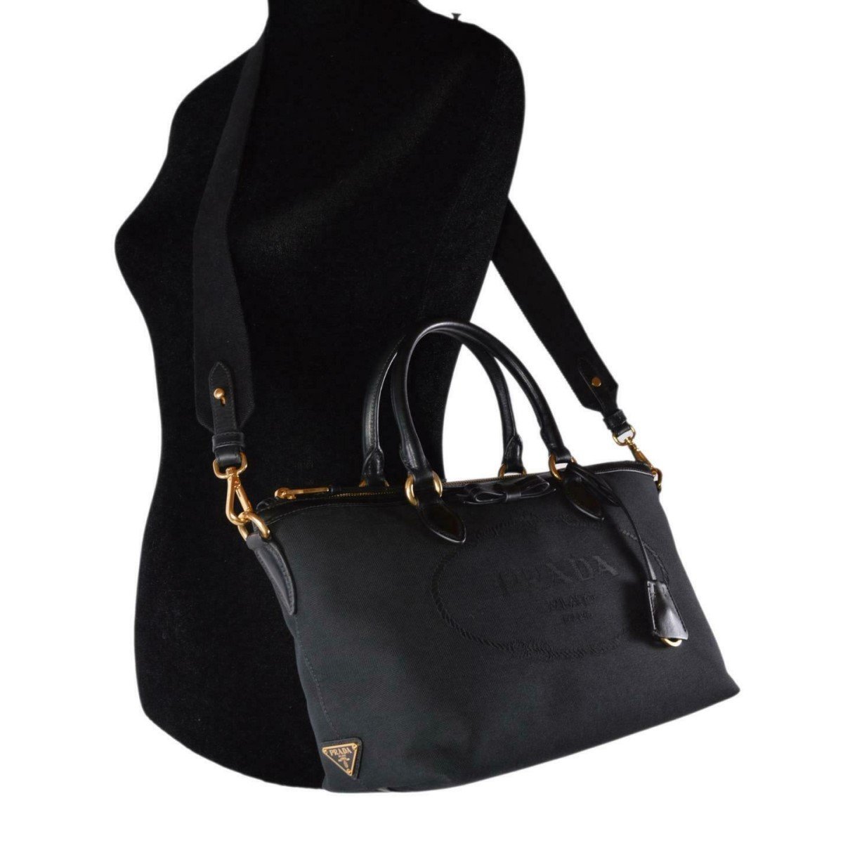 Logo Jacquard Black Canvas Satchel Crossbody