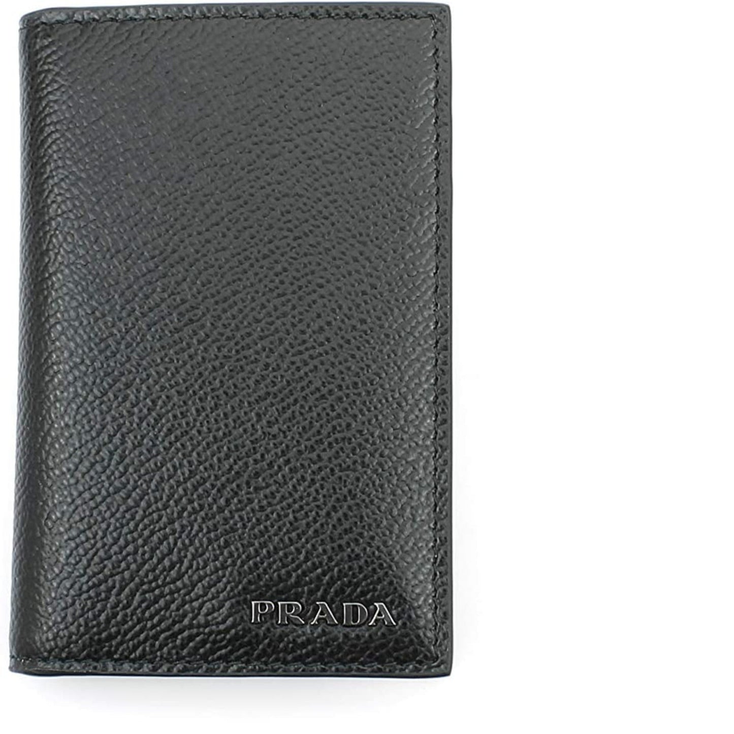 Men's Vitello Micro Grain Black Leather Vertical Bifold Card Holder Silver Logo