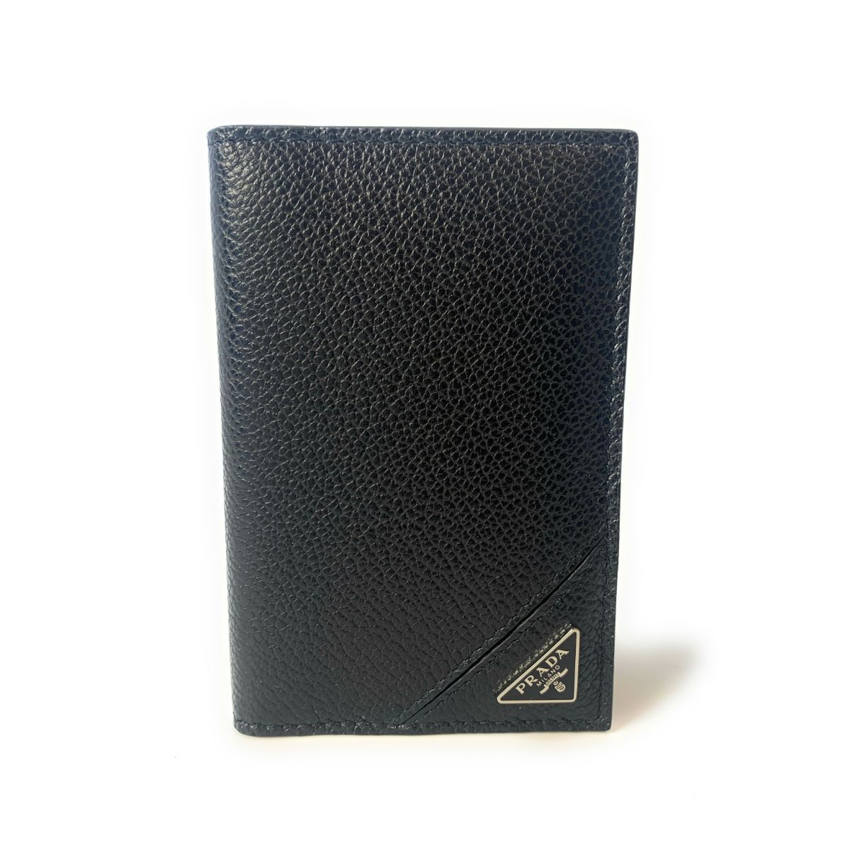 Vitello Grain Black Leather Triangle Logo Vertical Bifold Wallet