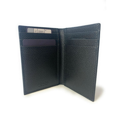 Men's Vitello Micro Grain Black Leather Vertical Bifold Card Holder Silver Logo