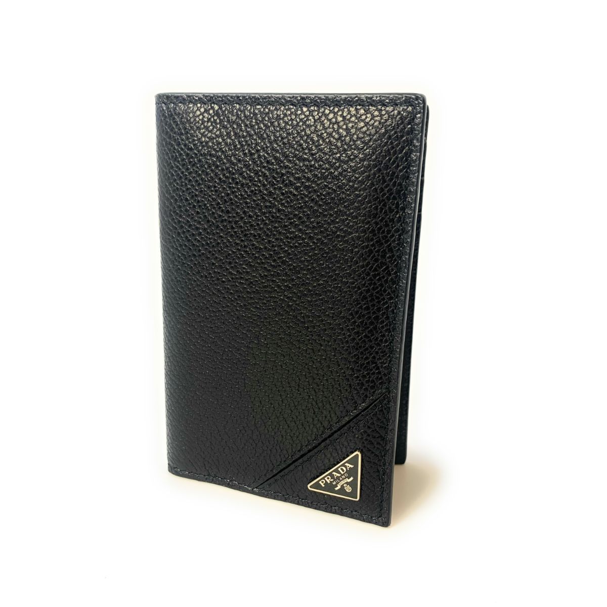 Vitello Grain Black Leather Triangle Logo Vertical Bifold Wallet