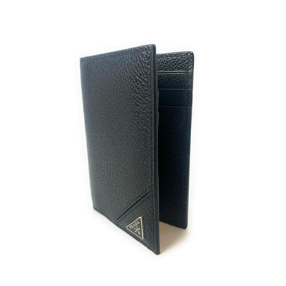 Vitello Grain Black Leather Triangle Logo Vertical Bifold Wallet