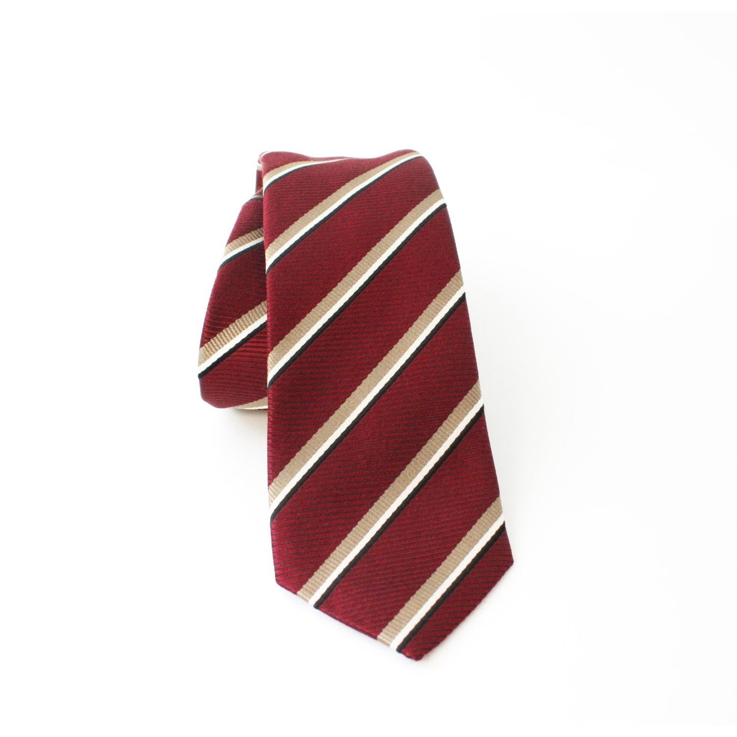 Mens Neck Tie 100% Silk Bordeaux Red Gold Stripe Classic Pattern