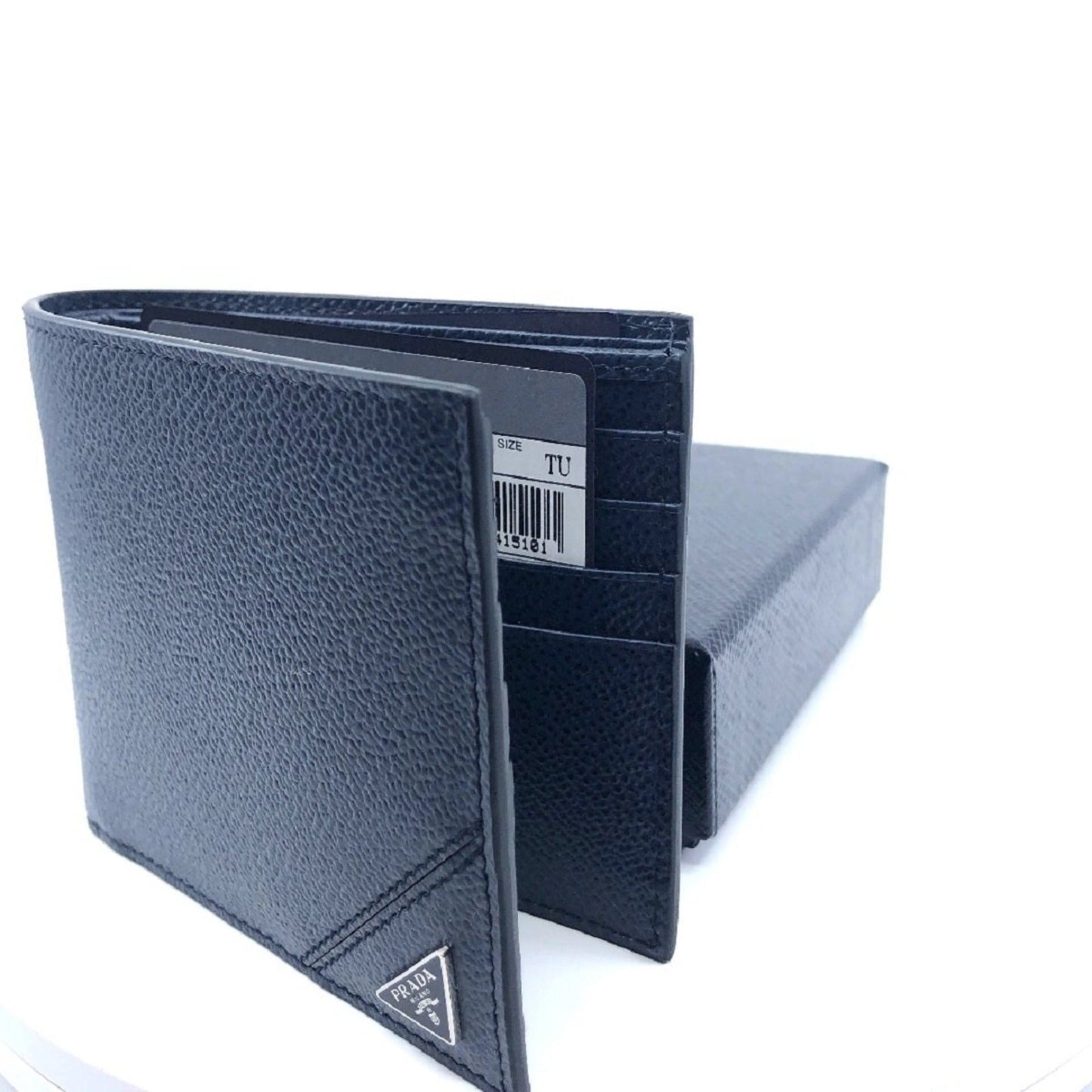 Mens Vitello Micro Grain Navy Blue Leather Triangle Logo Bifold Wallet