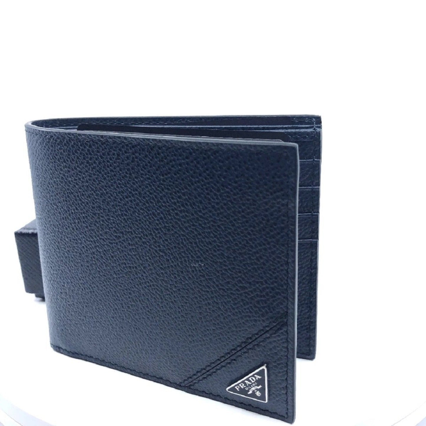 Mens Vitello Micro Grain Navy Blue Leather Triangle Logo Bifold Wallet