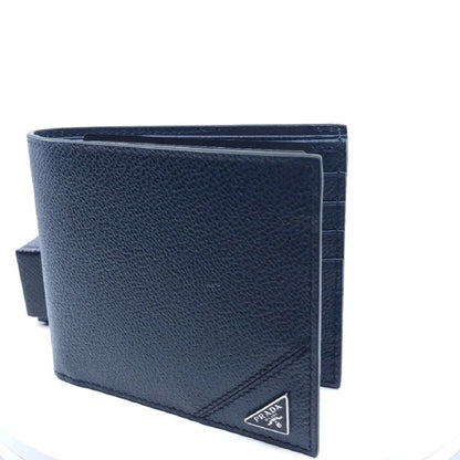 Mens Vitello Micro Grain Navy Blue Leather Triangle Logo Bifold Wallet