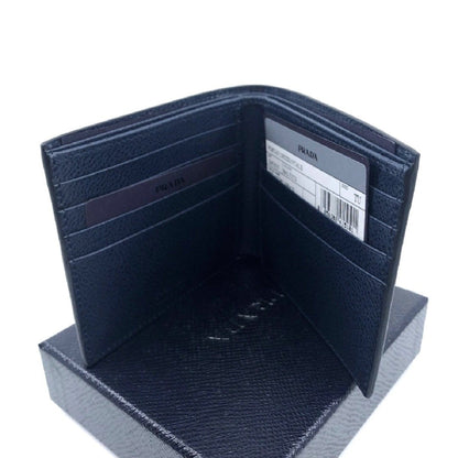 Mens Vitello Micro Grain Navy Blue Leather Triangle Logo Bifold Wallet