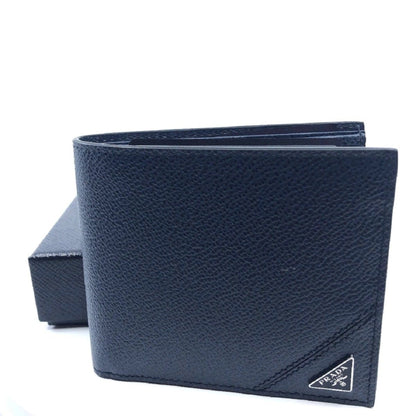 Mens Vitello Micro Grain Navy Blue Leather Triangle Logo Bifold Wallet