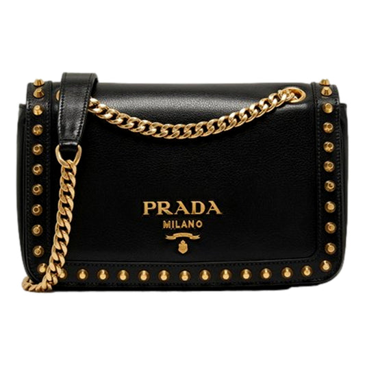 Pattina Black Calf Leather Studded Flap Chain Crossbody Bag