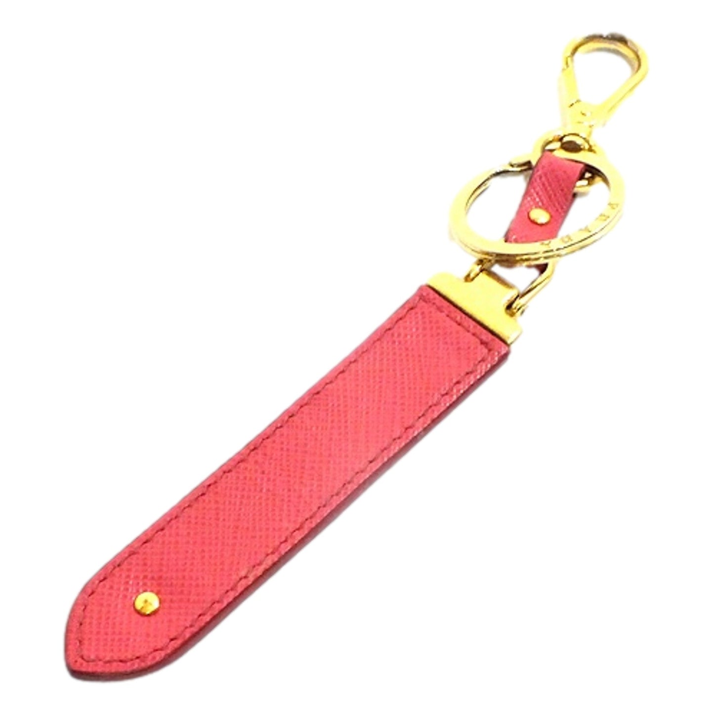 Saffiano Leather Clip Keychain Peony Pink Gold Logo Lettering