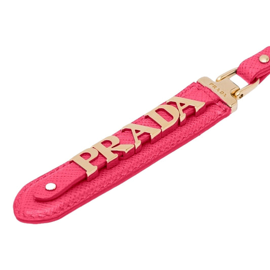 Saffiano Leather Clip Keychain Peony Pink Gold Logo Lettering