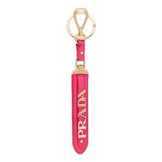 Saffiano Leather Clip Keychain Peony Pink Gold Logo Lettering