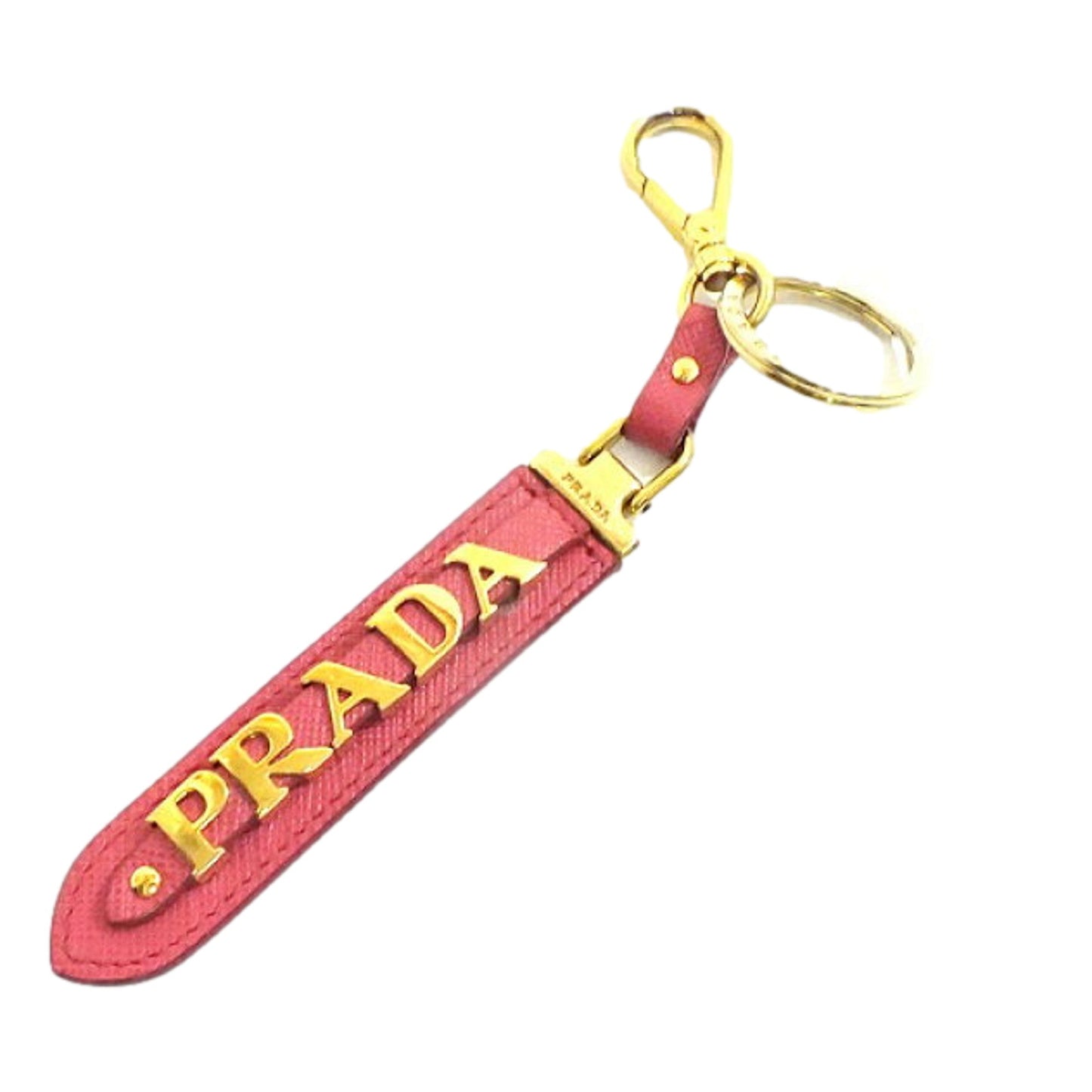 Saffiano Leather Clip Keychain Peony Pink Gold Logo Lettering