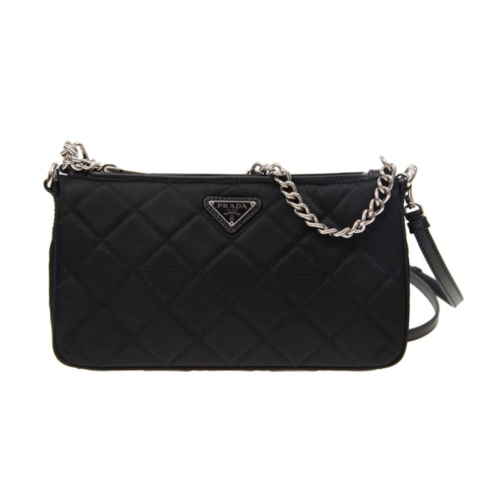 Black Tessuto Nylon Quilted Chain Crossbody Bag