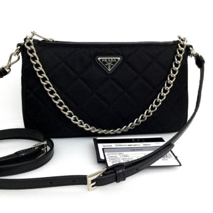 Black Tessuto Nylon Quilted Chain Crossbody Bag