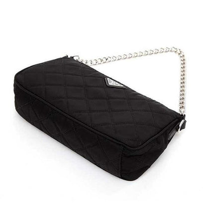 Black Tessuto Nylon Quilted Chain Crossbody Bag