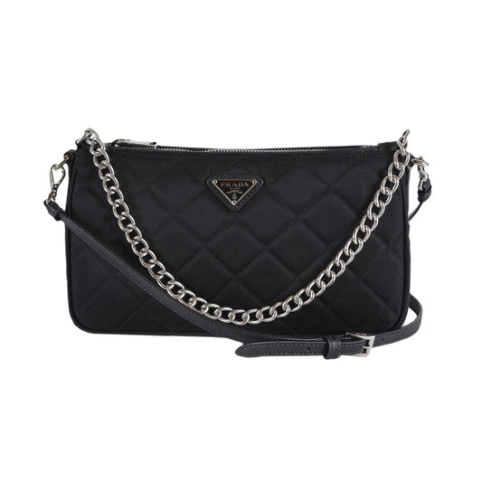 Black Tessuto Nylon Quilted Chain Crossbody Bag