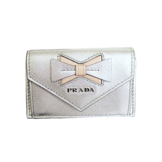 Ribbon Saffiano Metallic Silver and Beige Leather Trifold Wallet