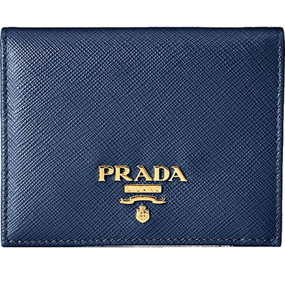 Saffiano Baltico Blue Leather Gold Logo Bifold Snap Wallet