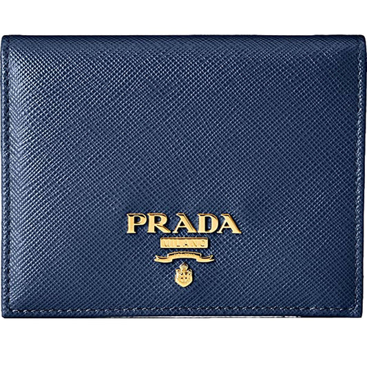 Saffiano Baltico Blue Leather Gold Logo Bifold Snap Wallet